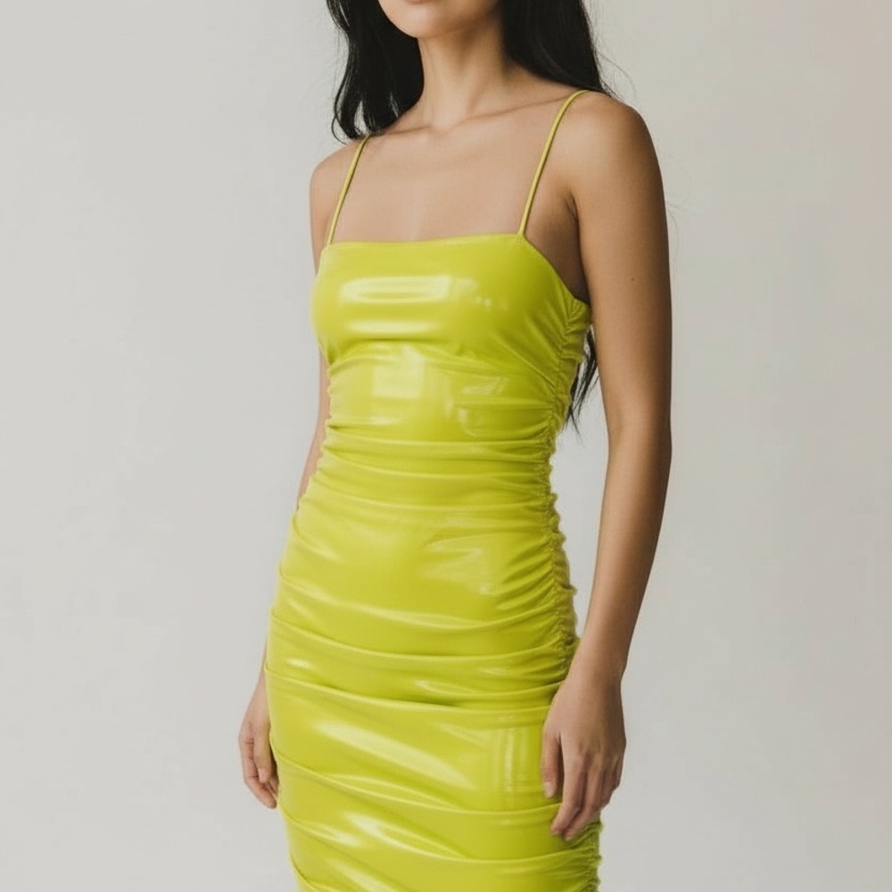 Bright Yellow Faux Leather Ruched Bodycon Midi Dress Sz L NWT
